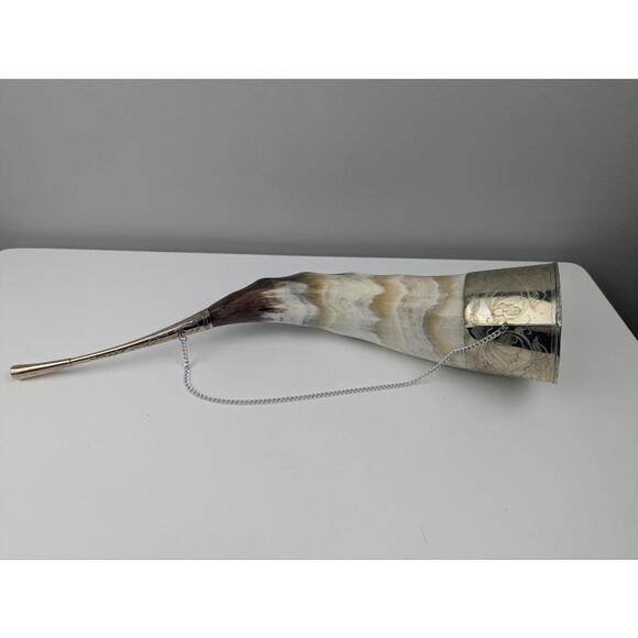 Metal Mounted Horn Drinking Cup Decorative Horn Drinking Vessel with Chain - Picture 2 of 9
